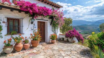 AI generated Bougainvillea plants in a clay pot stands on the terrace of a classic rustic Spanish house photo