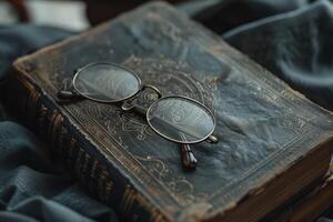 ai generado libro y ojo lentes escrito en madera foto