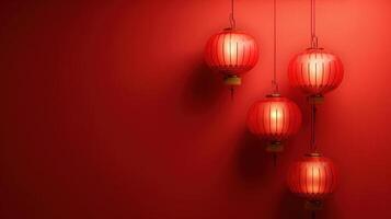 AI generated Chinese lanterns on a minimalistic red background. Lots of free space for text in the center photo