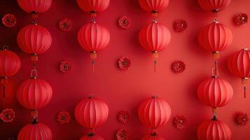 AI generated Chinese lanterns on a minimalistic red background. Lots of free space for text in the center photo