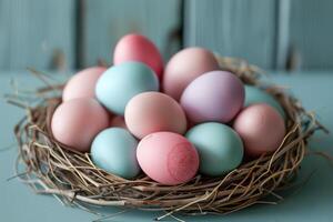 AI generated Delicate pastel-colored eggs are artfully arranged in a nest, symbolizing new life and the beauty of spring photo