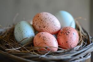 AI generated Delicate pastel-colored eggs are artfully arranged in a nest, symbolizing new life and the beauty of spring photo