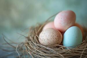 AI generated Delicate pastel-colored eggs are artfully arranged in a nest, symbolizing new life and the beauty of spring photo