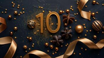 AI generated Gold number 10 on a minimalist black background. There are gold candies and ribbons around photo