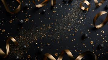 AI generated Gold number 10 on a minimalist black background. There are gold candies and ribbons around photo