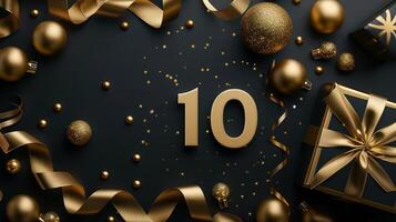 AI generated Gold number 10 on a minimalist black background. There are gold candies and ribbons around photo