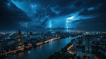 AI generated Lots of lightning in the night sky over the metropolis photo