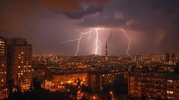 AI generated Lots of lightning in the night sky over the metropolis photo
