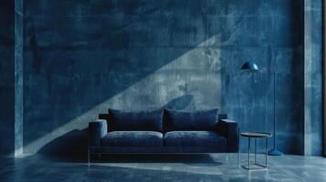 AI generated Minimalist interior with concrete walls, a dark blue sofa, a dark blue floor lamp and a dark wooden table photo