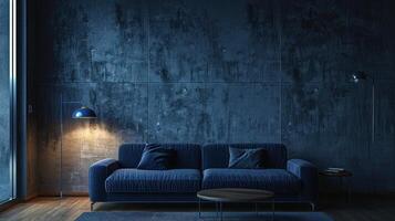 ai generado minimalista interior con hormigón paredes, un oscuro azul sofá, un oscuro azul piso lámpara y un oscuro de madera mesa foto