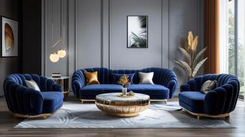 AI generated Modern minimalist living room in classic style. Dark blue and gold tones photo