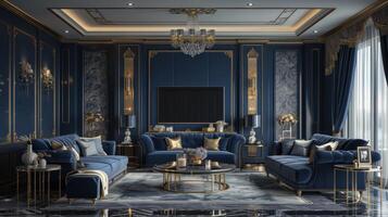 AI generated Modern minimalist living room in classic style. Dark blue and gold tones photo
