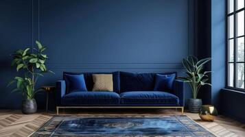 AI generated Modern minimalist living room in classic style. Dark blue and gold tones photo