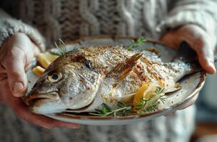 AI generated person is holding fish on plate photo