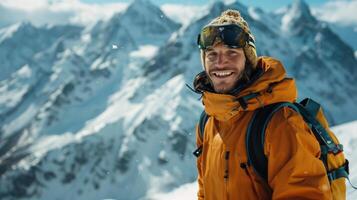 ai generado snowboarder paseos un tabla de snowboard desde un grande montaña. él sonrisas y mira a el cámara foto