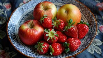 ai generado el foto representa un Fruta plato incluso jugoso, manzanas y Fresco fresas