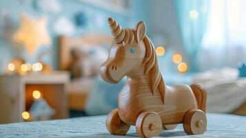 AI generated Wooden children's horse gurney close-up against the background of a blurry children's light room photo