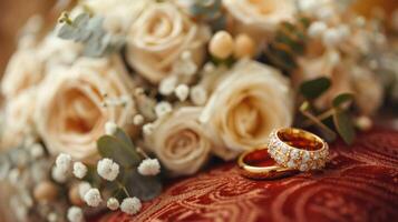 AI generated Two gold wedding rings lie on a red velvet cushion on the table. Around wedding bouquets of white flowers photo