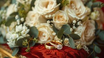 ai generado dos oro Boda anillos mentira en un rojo terciopelo amortiguar en el mesa. alrededor Boda ramos de flores de blanco flores foto