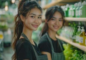 AI generated two women in black aprons with green cleaning material photo