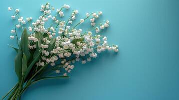 AI generated A beautiful bouquet of White lilies of the valley lies on the left on a blue minimalistic pastel background photo