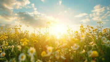 AI generated A beautiful field with blooming rapeseed at sunny day. There are rapeseed flowers below and green grass on top of the sun photo