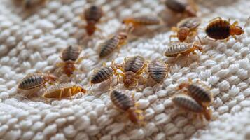 AI generated A bedbug colony can be seen on a white sheet on a bed in the bedroom from a top view photo