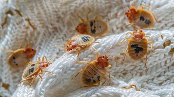 AI generated A bedbug colony can be seen on a white sheet on a bed in the bedroom from a top view photo