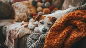 AI generated A person in casual clothes cuddles with their furry friend on a comfy couch, surrounded by pet toys and blankets photo