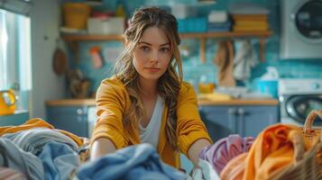 AI generated Thoughtful woman sorting laundry photo