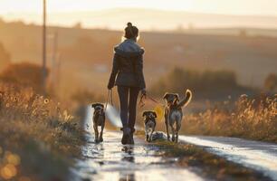 ai generado sereno perro caminar a amanecer foto