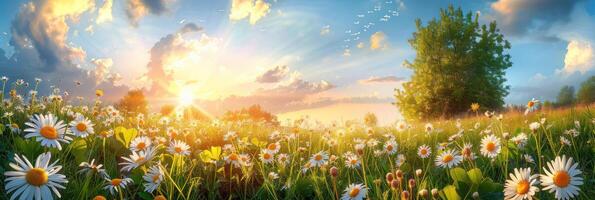 AI generated A stunning summer scene with a natural backdrop featuring yellow and white daisies, clovers photo