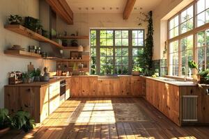 ai generado un abierto cocina es mostrado variar madera granos, animado cuadros foto