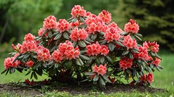 AI generated Beautiful bright background of a summer garden with a flowering red rhododendron bush photo