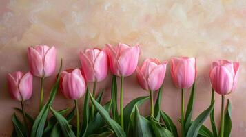 AI generated Close-up of pink tulip flowers on a beige background with space for text photo