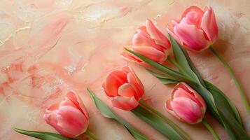 AI generated Close-up of pink tulip flowers on a beige background with space for text photo