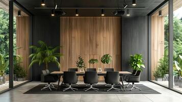 AI generated Contemporary conference room design in a modern office, featuring wooden wall decor, photo