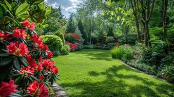 AI generated Beautiful bright background of a summer garden with a flowering red rhododendron bush photo