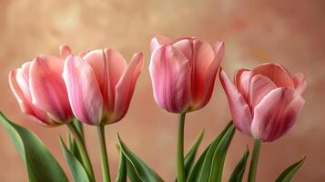 AI generated Close-up of pink tulip flowers on a beige background with space for text photo