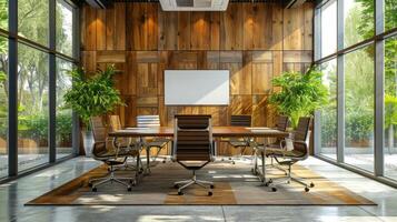 AI generated Contemporary conference room design in a modern office, featuring wooden wall decor, photo