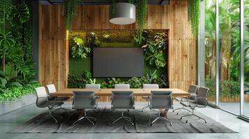 AI generated Contemporary conference room design in a modern office, featuring wooden wall decor, photo