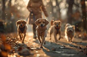 ai generado cinco perros caminando en el parque foto