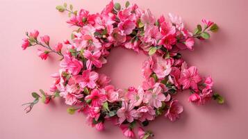 AI generated Flowers composition. Wreath made of pink flowers on pink background. Flat lay, top view, copy space photo