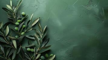 AI generated Minimalistic olive green background with a branch of olives on the left and free space on the right photo