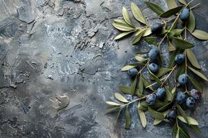 ai generado gris barro de aplastada aceitunas y hojas acostado en un mármol foto
