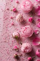 AI generated International Women's Day. A top-down image featuring pink peony rosebuds and sprinkles on a pastel pink background photo