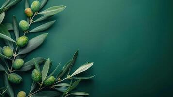 AI generated Minimalistic olive green background with a branch of olives on the left and free space on the right photo