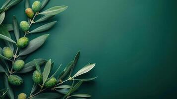 AI generated Minimalistic olive green background with a branch of olives on the left and free space on the right photo