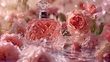 AI generated Perfume bottle made of glass set against a backdrop of rose water. Featuring a floral arrangement with a water splash photo