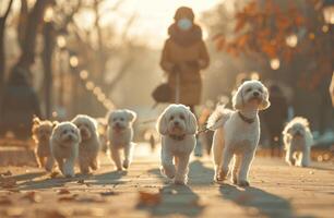 ai generado varios blanco perros son caminando a lo largo con un mujer en un Correa foto